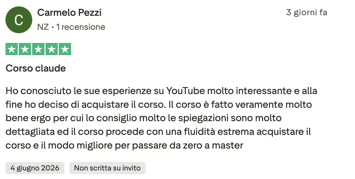 Recensione Trustpilot 5 stelle di Carmelo Pezzi sul corso Claude