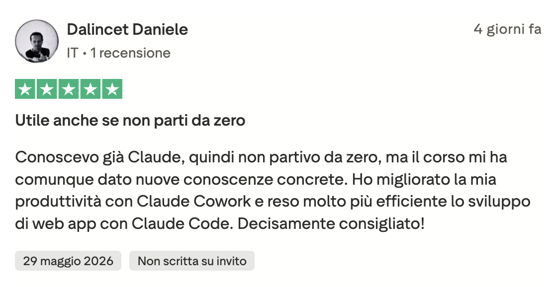Recensione Trustpilot 5 stelle di Dalincet Daniele: utile anche se non parti da zero