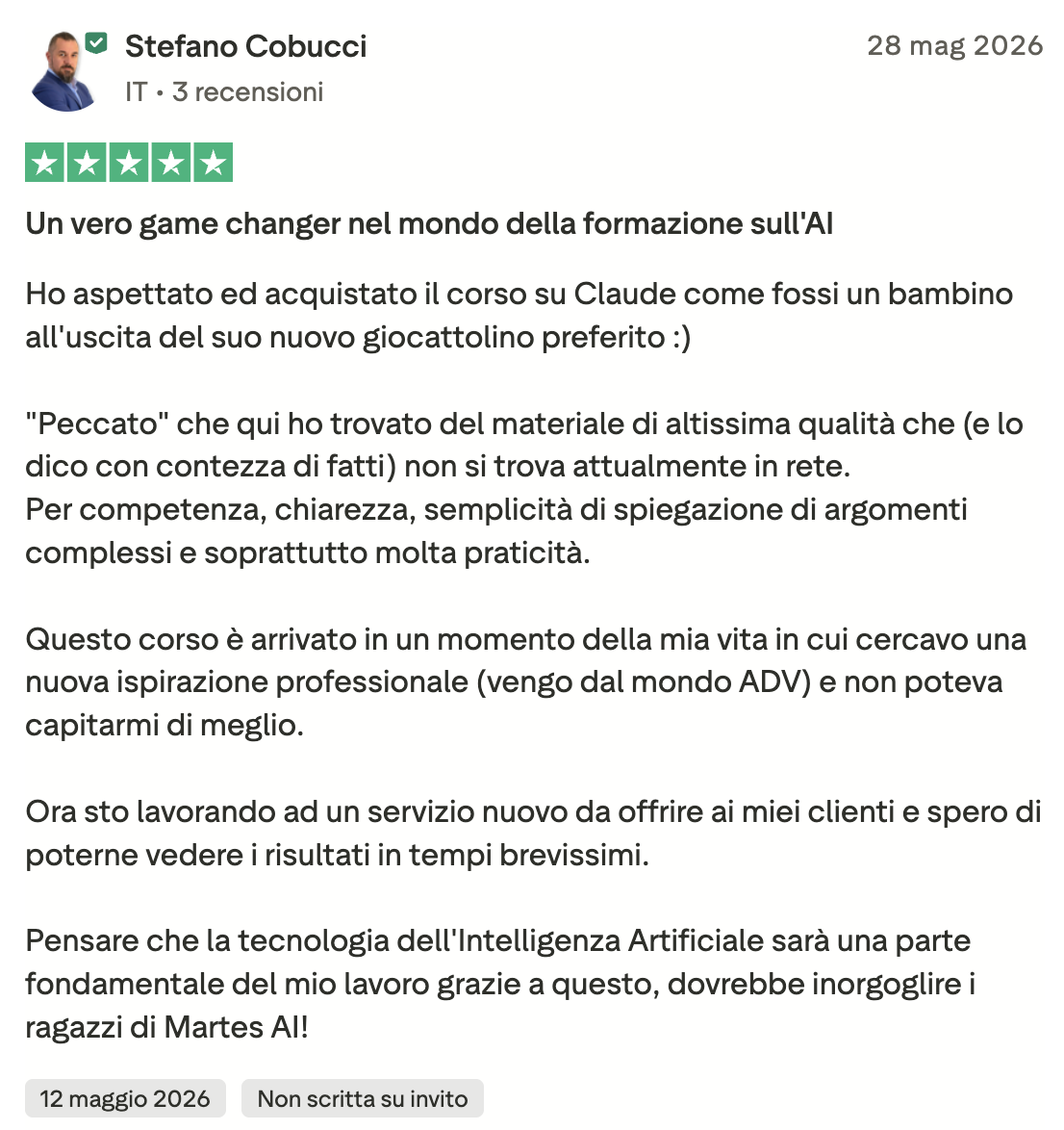 Recensione Trustpilot di Stefano Cobucci: un vero game changer nella formazione sull’AI