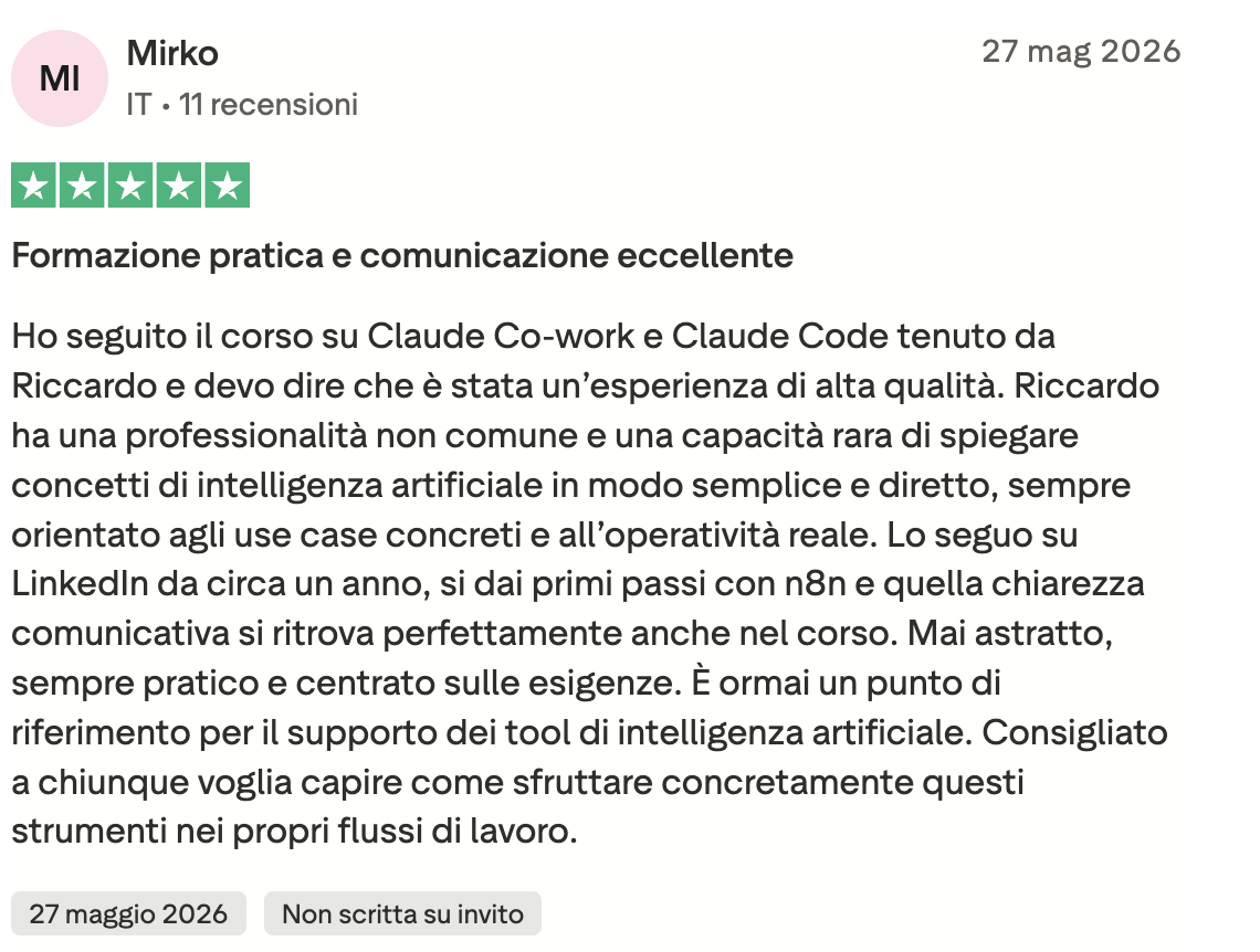 Recensione Trustpilot 5 stelle di Mirko: formazione pratica e comunicazione eccellente