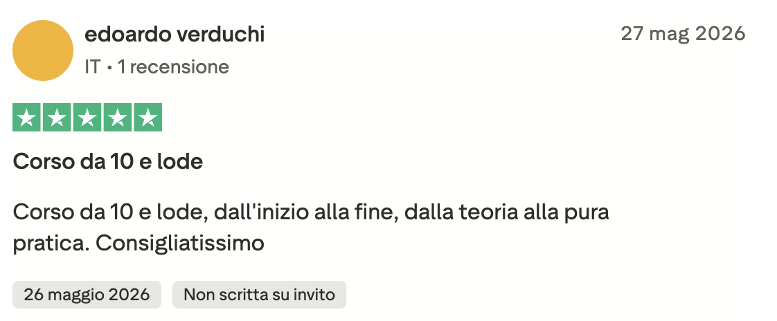 Recensione Trustpilot 5 stelle di Edoardo Verduchi: corso da 10 e lode