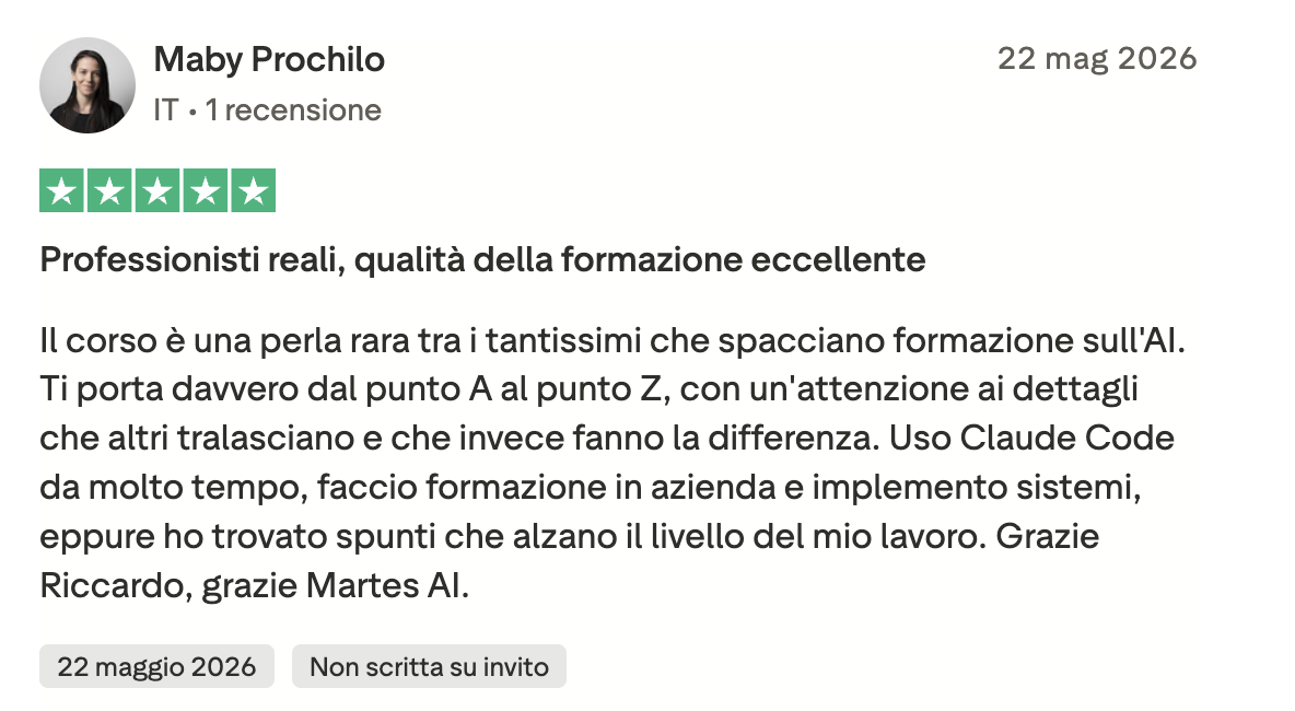 Recensione Trustpilot 5 stelle di Maby Prochilo: professionisti reali, qualità della formazione eccellente