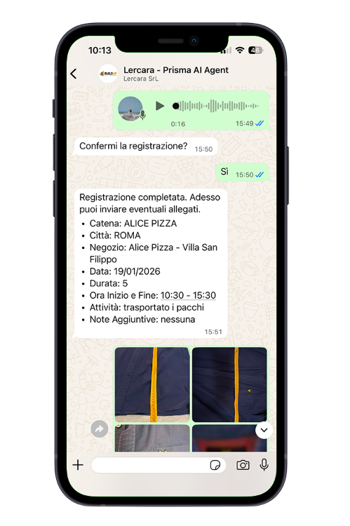 Rendicontazione intervento con audio e foto via WhatsApp