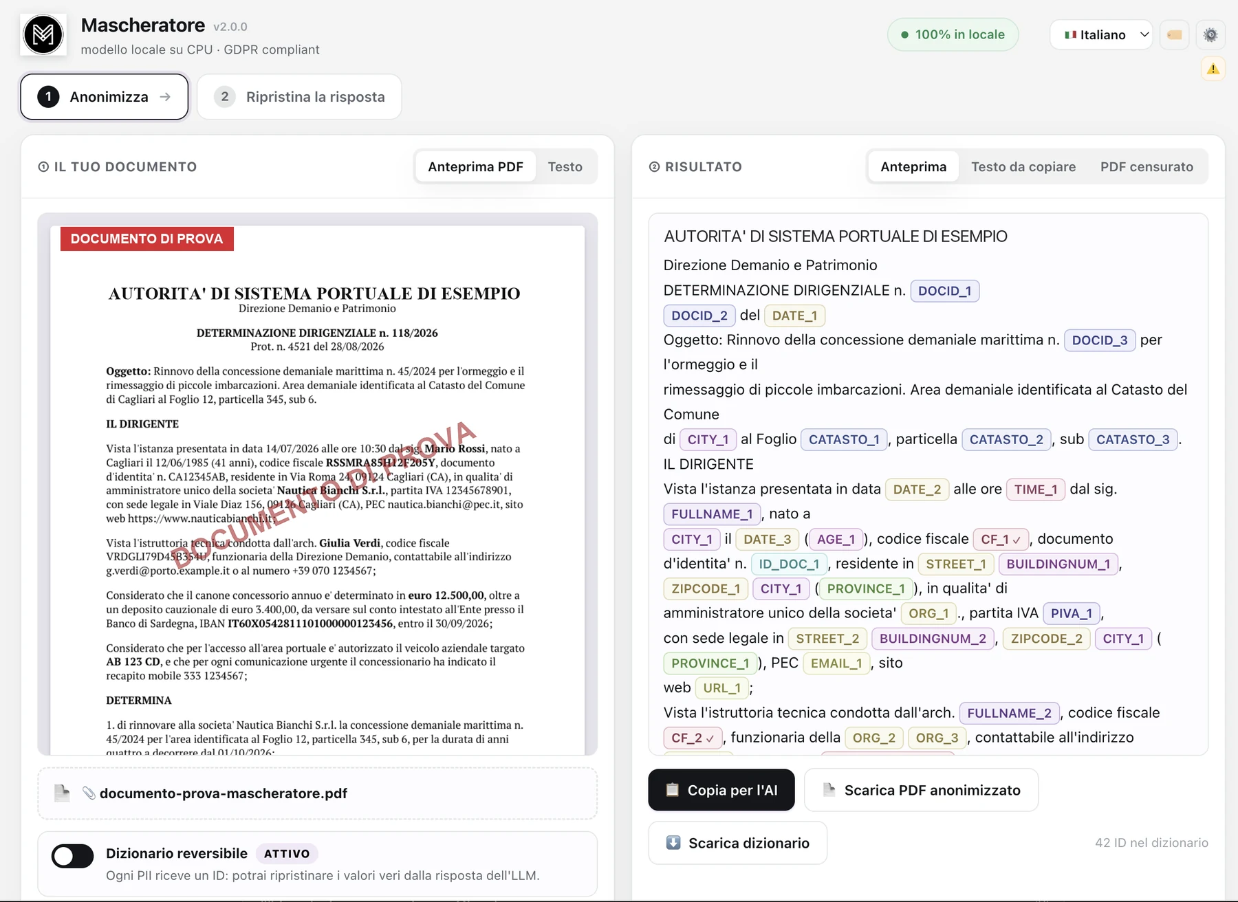 Il mascheratore su un documento di prova: a sinistra l'originale, a destra la versione con i segnaposto al posto dei dati personali